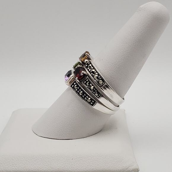 Sterling Silver 925 Marcasite & Gemstone Stack Rings (Set of 3) Size 10 - Picture 3 of 9